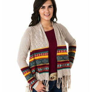 Noble Outfitters Womens Cardigan XS Beige Frontier Western Boho Aztec Fringe